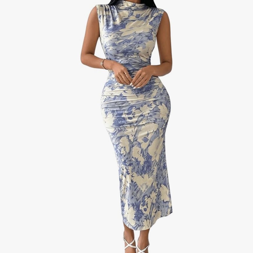 Elegant Blue and Cream Floral Dress